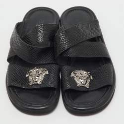 Pre Owned Versace Black Leather Medusa Detail Flat Slide Sandals Size 43