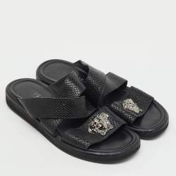 Pre Owned Versace Black Leather Medusa Detail Flat Slide Sandals Size 43