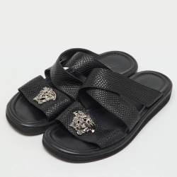Pre Owned Versace Black Leather Medusa Detail Flat Slide Sandals Size 43