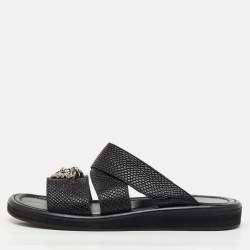 Pre Owned Versace Black Leather Medusa Detail Flat Slide Sandals Size 43