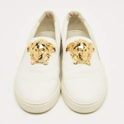Pre Owned Versace White Leather Palazzo Medusa Slip On Sneakers Size 43