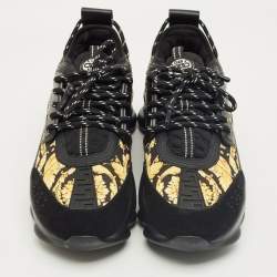 Pre Owned Versace Black/Yellow Canvas and Leather Trigreca Sneakers Size 44