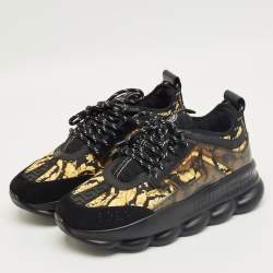 Pre Owned Versace Black/Yellow Canvas and Leather Trigreca Sneakers Size 44