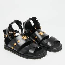 Pre Owned Versace Medusa Size 43 Black Leather Flat Sandals