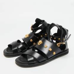 Pre Owned Versace Medusa Size 43 Black Leather Flat Sandals