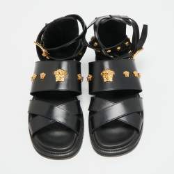 Pre Owned Versace Medusa Size 43 Black Leather Flat Sandals