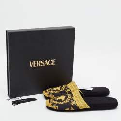 Pre Owned Versace Baroque Size XL Black/Yellow Fabric Flat Slippers