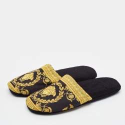 Pre Owned Versace Baroque Size XL Black/Yellow Fabric Flat Slippers