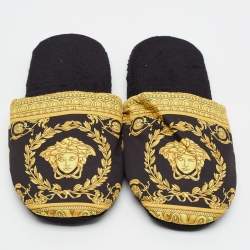 Pre Owned Versace Baroque Size XL Black/Yellow Fabric Flat Slippers