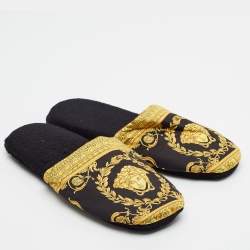 Pre Owned Versace Baroque Size XL Black/Yellow Fabric Flat Slippers