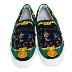Versace Multicolor Beverly Palm Print Canvas And Leather Trim Slip On Sneakers Size 43