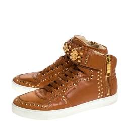 Versace Brown Leather Studded Medusa High Top Sneakers Size 43