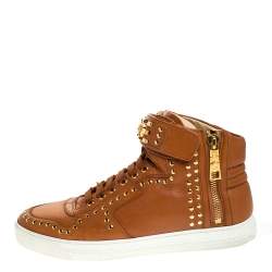 Versace Brown Leather Studded Medusa High Top Sneakers Size 43