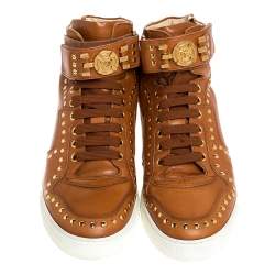 Versace Brown Leather Studded Medusa High Top Sneakers Size 43