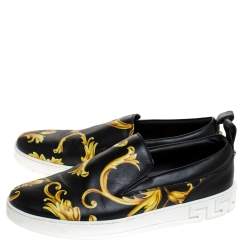 Versace Black/Gold Barocco Printed Leather Slip On Sneakers Size 43