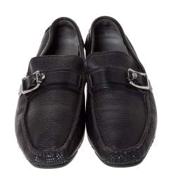Versace Black Leather Buckle Detail Slip On Loafers Size 43