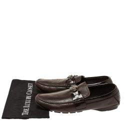 Versace Dark Brown Leather And Patent Trim Medusa Detail Slip On Loafers Size 43