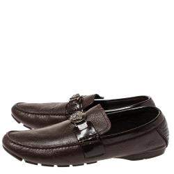 Versace Dark Brown Leather And Patent Trim Medusa Detail Slip On Loafers Size 43