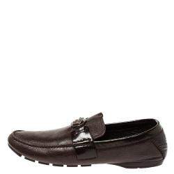 Versace Dark Brown Leather And Patent Trim Medusa Detail Slip On Loafers Size 43