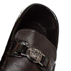 Versace Dark Brown Leather And Patent Trim Medusa Detail Slip On Loafers Size 43