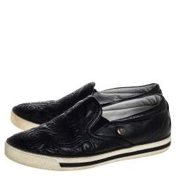 Versace Black Baroque Embroidered Leather Slip On Sneakers Size 41