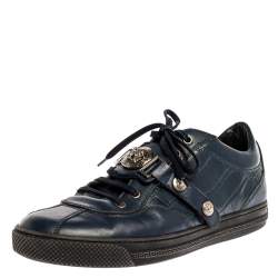 Versace Blue Leather And Croc Embossed Leather Medusa Low Top Sneakers Size 41