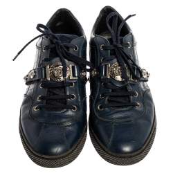 Versace Blue Leather And Croc Embossed Leather Medusa Low Top Sneakers Size 41
