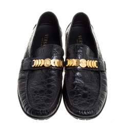 مملوكة مسبقًا Versace Black Croc Embossed Leather Medusa Loafers Size 45
