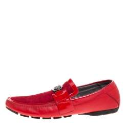 Versace Red Leather and Suede Medusa Detail Slip On Loafers Size 45