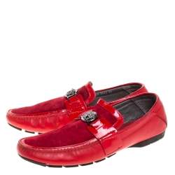 Versace Red Leather and Suede Medusa Detail Slip On Loafers Size 45