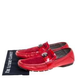Versace Red Leather and Suede Medusa Detail Slip On Loafers Size 45