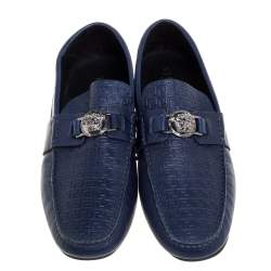 Pre Owned Versace Blue Logo Embossed Leather Medusa Loafers Size 45 