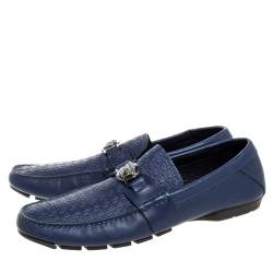 Pre Owned Versace Blue Logo Embossed Leather Medusa Loafers Size 45 