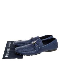 Pre Owned Versace Blue Logo Embossed Leather Medusa Loafers Size 45 