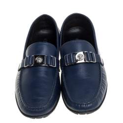 Versace Blue Leather Medusa Slip On  Loafers Size 46