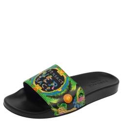 Versace Green Printed Leather Slide Sandals Size 43