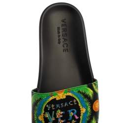 Versace Green Printed Leather Slide Sandals Size 43