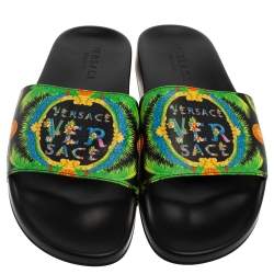 Versace Green Printed Leather Slide Sandals Size 43