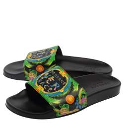 Versace Green Printed Leather Slide Sandals Size 43