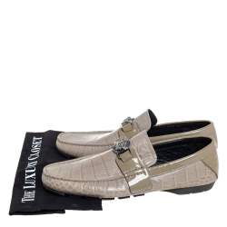Versace Grey Croc Embossed Leather And Patent Leather Medusa Slip On Loafers Size 41