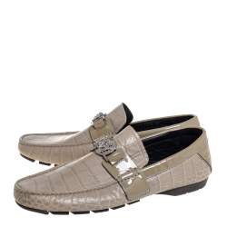 Versace Grey Croc Embossed Leather And Patent Leather Medusa Slip On Loafers Size 41