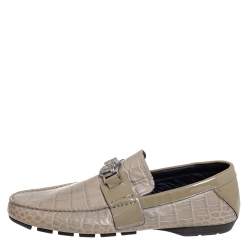 Versace Grey Croc Embossed Leather And Patent Leather Medusa Slip On Loafers Size 41