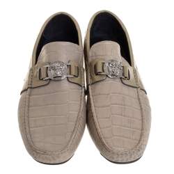 Versace Grey Croc Embossed Leather And Patent Leather Medusa Slip On Loafers Size 41