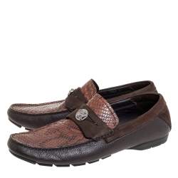 Pre Owned Versace Brown Leather And Python Medusa Embellished Penny Slip On Loafers Size 41