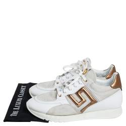 Pre Owned Versace White/Grey Suede And Leather Greek Key Sneakers Size 45