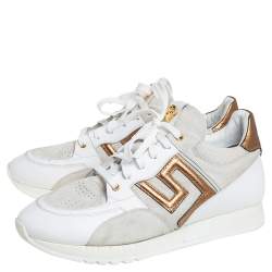 Pre Owned Versace White/Grey Suede And Leather Greek Key Sneakers Size 45