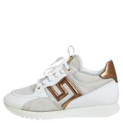 Pre Owned Versace White/Grey Suede And Leather Greek Key Sneakers Size 45