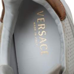 Pre Owned Versace White/Grey Suede And Leather Greek Key Sneakers Size 45