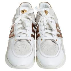 Pre Owned Versace White/Grey Suede And Leather Greek Key Sneakers Size 45