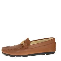Pre Owned Roberto Cavalli Brown Leather Logo Detail Loafers Size 39